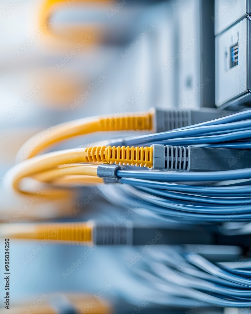 Close-up of blue and yellow network cables plugged into server rack. Close-up of blue and yellow network cables plugged into server rack.