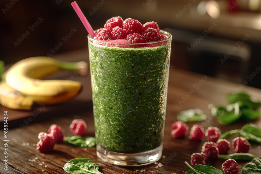 A fruit smoothie with spinach, banana, and berries blended to a creamy consistency. Concept of a nutrient-rich drink. A fruit smoothie with spinach, banana, and berries blended to a creamy consistency. Concept of a nutrient-rich drink.