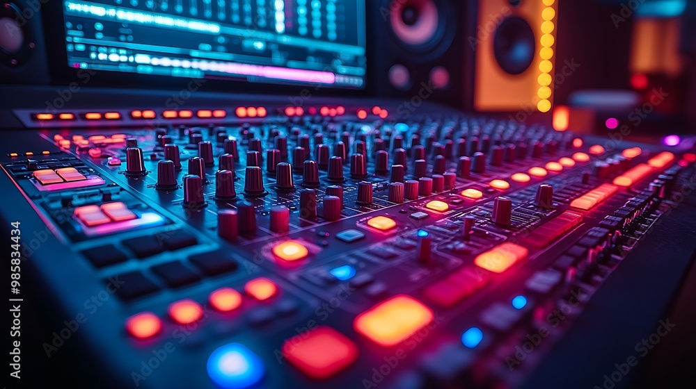 Close-up of a professional audio mixing console with faders, buttons, and knobs. Close-up of a professional audio mixing console with faders, buttons, and knobs.