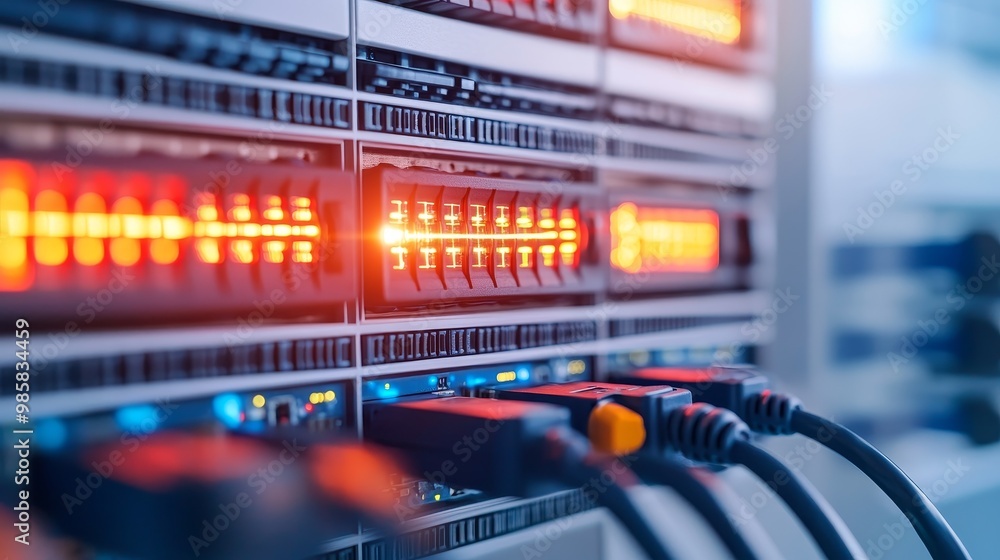 Close-up of server rack with glowing lights and cables, showcasing data center technology and connectivity. Close-up of server rack with glowing lights and cables, showcasing data center technology and connectivity.
