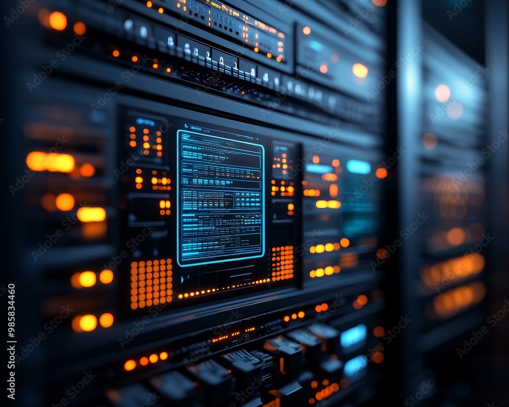 Close-up of server rack with glowing lights and digital display. Close-up of server rack with glowing lights and digital display.