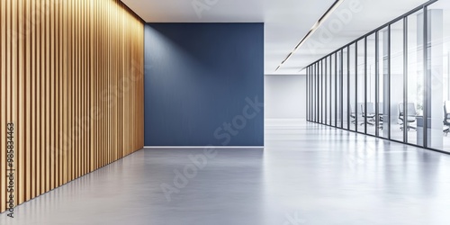 A clean and contemporary office space showcases a minimalist design with wooden wall features and a blue accent wall
