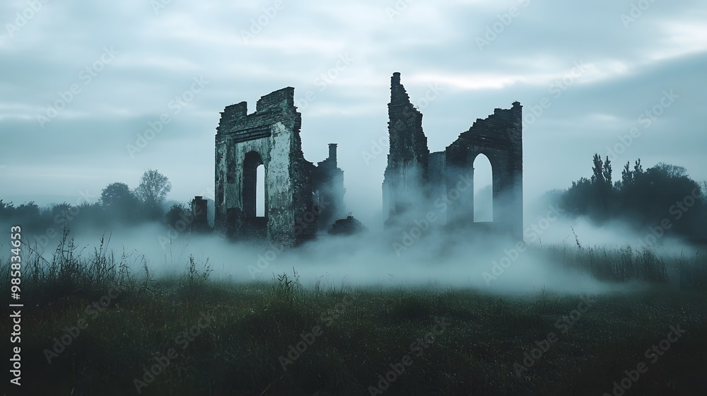 Obraz premium Eerie ruins shrouded in fog create a haunting atmosphere.