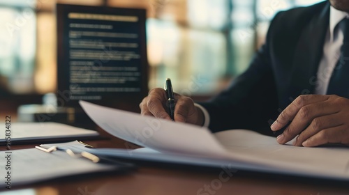 Dedicated Banker Intensely Reviewing Financial Documents, Amidst Blurred Legal References and Digital Regulations. Financial Compliance and Legal Awareness in Banking Sector