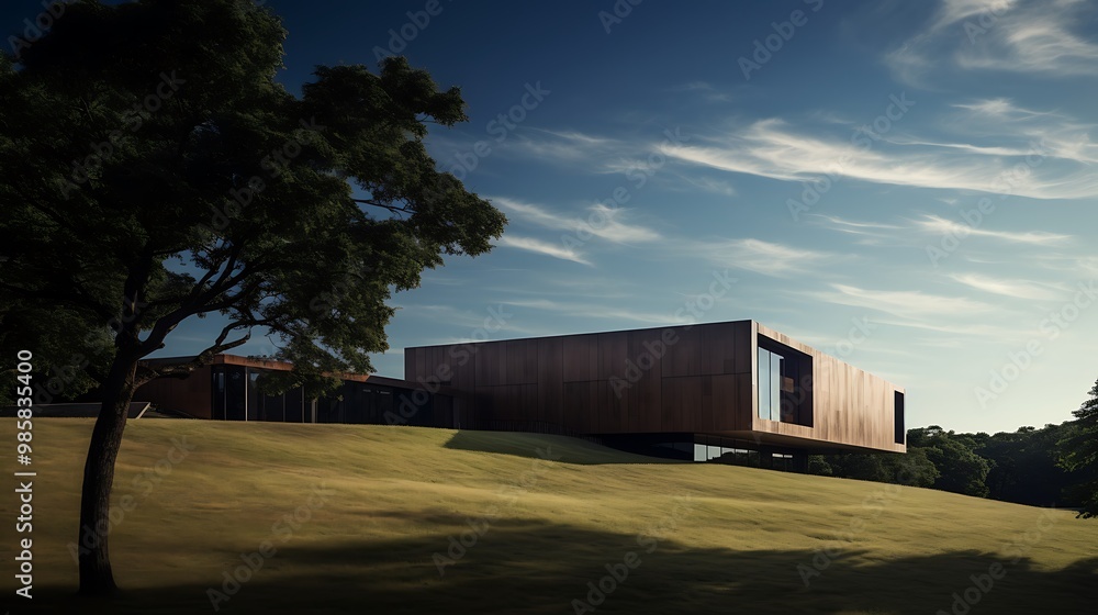 Modern wood-clad house on a grassy hill with a large tree in the foreground. Modern wood-clad house on a grassy hill with a large tree in the foreground.