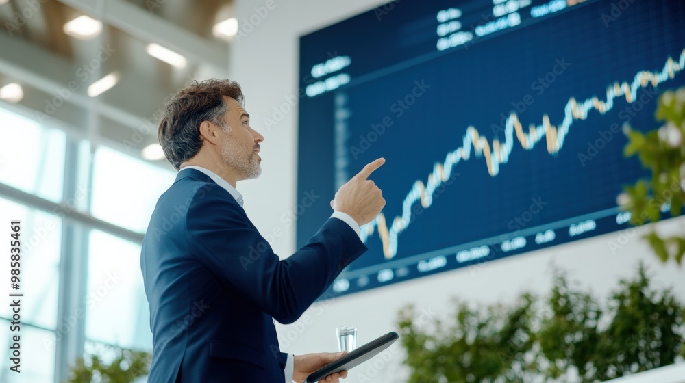 A businessman analyzes a rising stock chart in a modern office, symbolizing growth and investment strategies. A businessman analyzes a rising stock chart in a modern office, symbolizing growth and investment strategies.