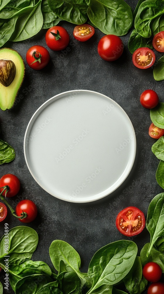 Fresh Salad Ingredients with Avocado, Tomatoes, Spinach, and Empty Plate for Healthy Meal Concept Fresh Salad Ingredients with Avocado, Tomatoes, Spinach, and Empty Plate for Healthy Meal Concept