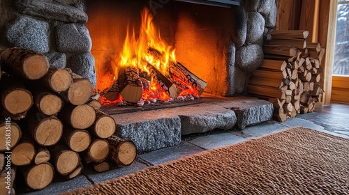 Classic fireplace with wood-burning fire, logs stacked neatly beside it in a cozy setting. photo