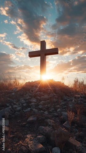 A wooden cross shining in the sky, atop an old hill covered with rubble and grasses. God rays, a dramatic sky, photorealistic, hyper-detailed, and a cinematic look.