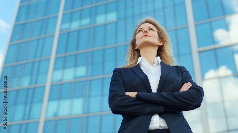 A confident woman stands with arms crossed, gazing toward a modern glass building under a bright blue sky, exuding professionalism and ambition. A confident woman stands with arms crossed, gazing toward a modern glass building under a bright blue sky, exuding professionalism and ambition.
