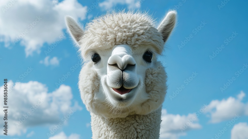 A comical white alpaca smiles against a vibrant blue sky. This South American camelid's jovial expression exudes charm and humor. A comical white alpaca smiles against a vibrant blue sky. This South American camelid's jovial expression exudes charm and humor.