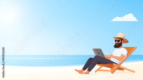 Digital nomad working on beach, productivity, flat design illustration