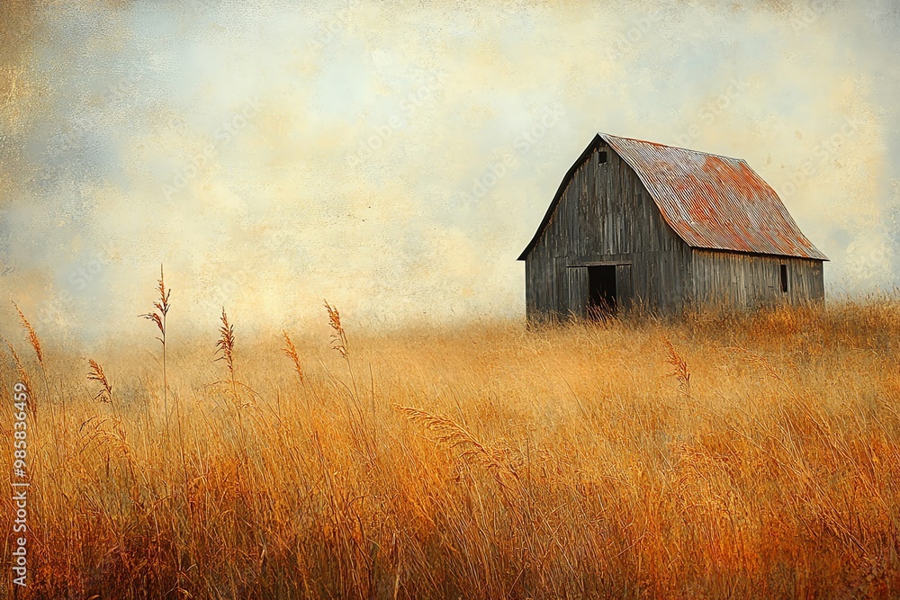 An old, weathered wooden barn with a rusty tin roof stands in a field of tall, golden grass. The sky is overcast and the overall feeling is one of nostalgia. An old, weathered wooden barn with a rusty tin roof stands in a field of tall, golden grass. The sky is overcast and the overall feeling is one of nostalgia.