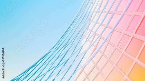 Abstract architectural design featuring curved glass panels against a gradient background of blue and pastel colors.