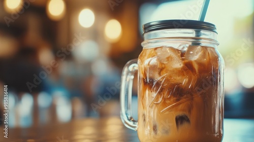 Close-up of a mason jar filled with iced coffee, complete with a straw and lid. photo