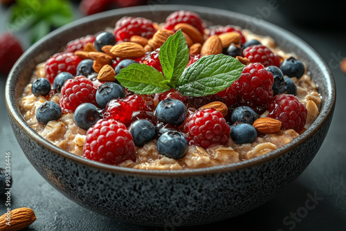 A bowl of overnight oats topped with fresh berries, nuts, and a drizzle of maple syrup. Concept of a nutritious, easy breakfast.