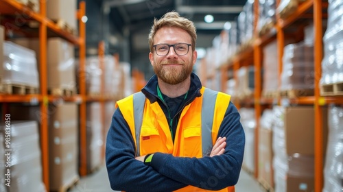 A confident warehouse worker wearing a safety vest stands with arms crossed in an organized storage facility filled with shelves.