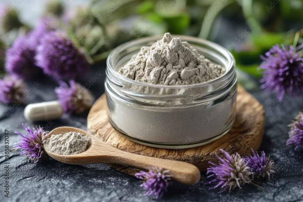 health and wellness banner featuring a jar of milk thistle powder with a wooden scoop herbal supplement concept health and wellness banner featuring a jar of milk thistle powder with a wooden scoop herbal supplement concept
