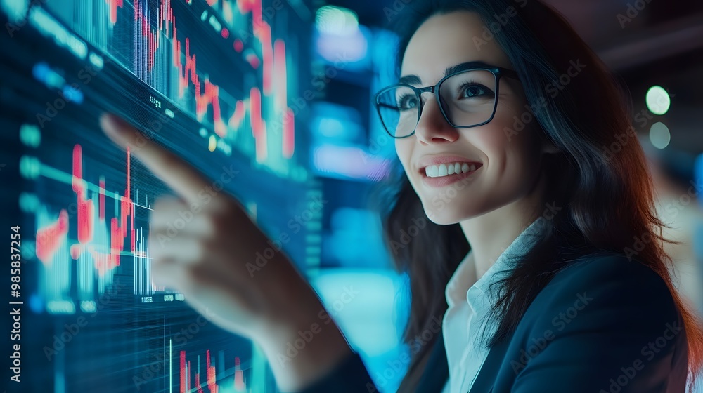 businesswoman is pointing at digital graphs and charts on an interactive screen, businesswoman is pointing at digital graphs and charts on an interactive screen,