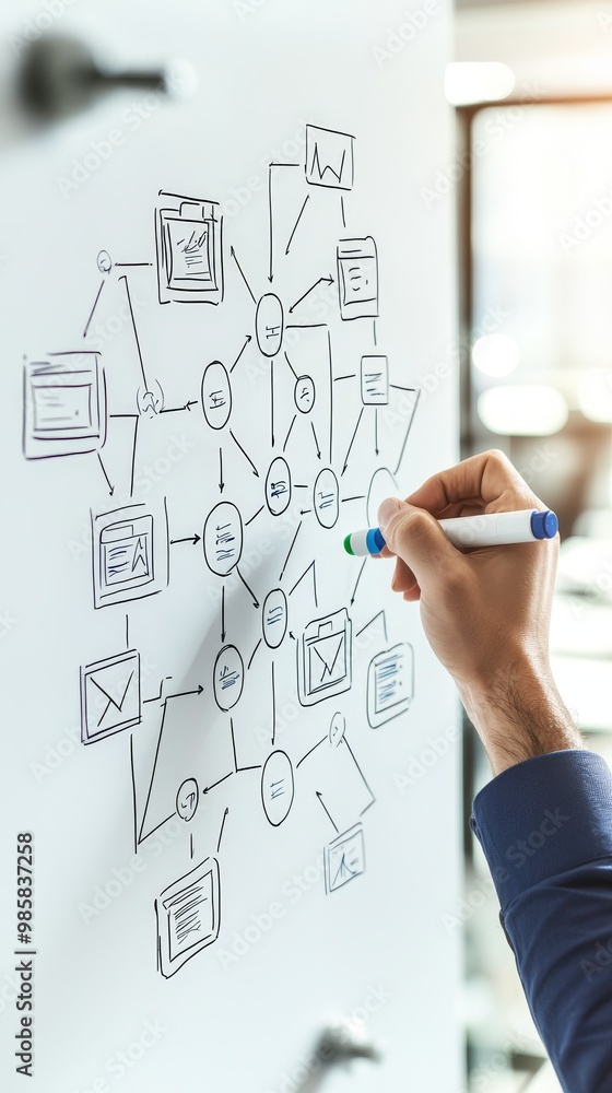 Hand drawing a complex network diagram on a whiteboard, representing connections and relationships. Hand drawing a complex network diagram on a whiteboard, representing connections and relationships.