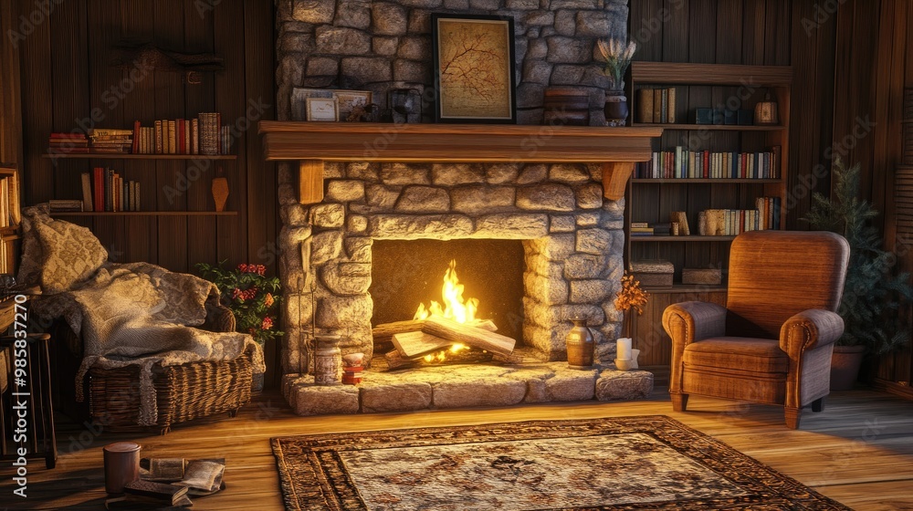 Cozy living room with a stone fireplace, warm fire glowing and a comfy armchair nearby. Cozy living room with a stone fireplace, warm fire glowing and a comfy armchair nearby.