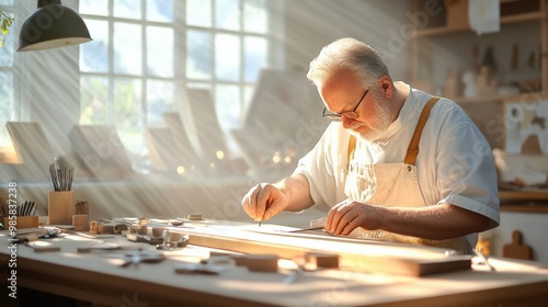 A focused craftsman works intently on woodworking in a sunlit workshop, surrounded by tools and materials. photo