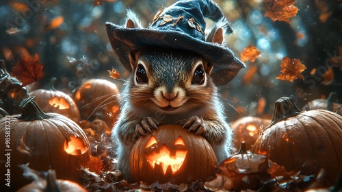 Whimsical Wizard Squirrel in Enchanted Pumpkin Patch Forest Scene