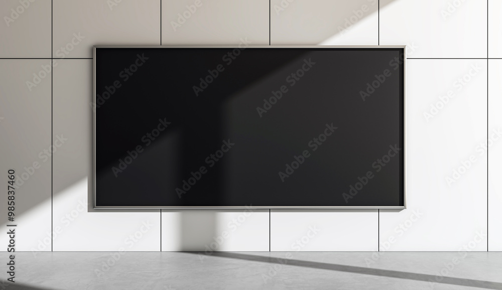 Fototapeta premium Blank black billboard on modern tiled wall with sunlight. 3D Rendering