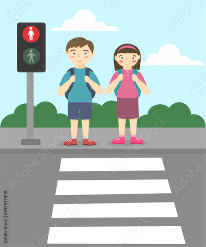  young child standing on the sidewalk near a crosswalk, waiting for the green traffic light to cross the street. Kids standing on the sidewalk waiting to cross the road illustration 