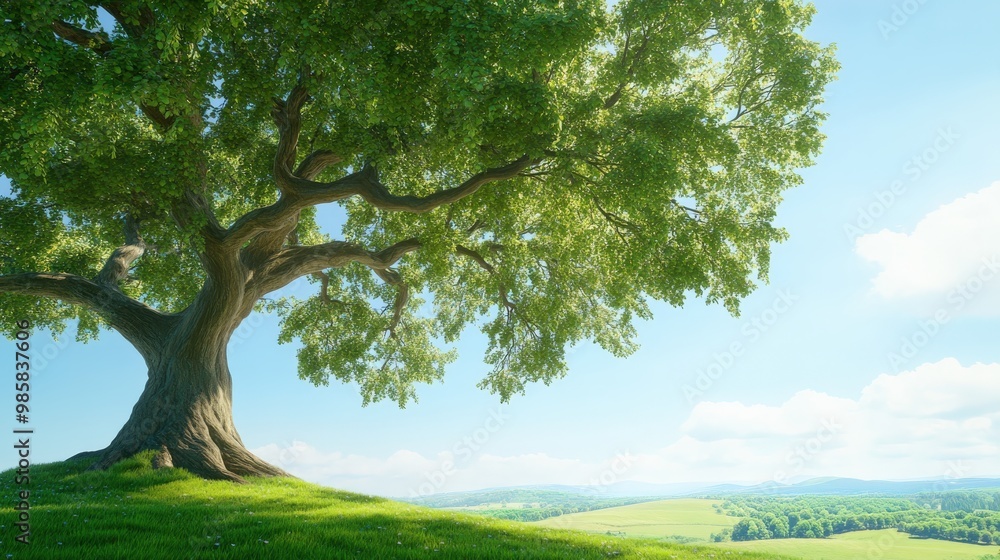 Fototapeta premium A large, lush green tree stands on a hill under a bright blue sky, surrounded by rolling hills and a serene landscape.