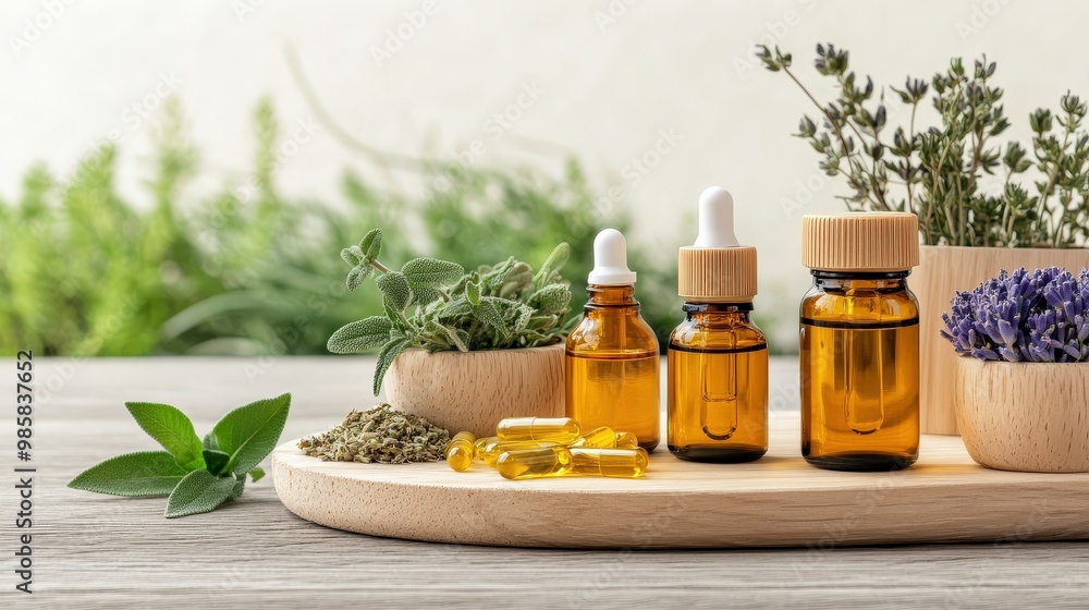 Aromatic essential oils in amber bottles displayed with fresh herbs, creating a serene, natural aesthetic on a wooden tray. Aromatic essential oils in amber bottles displayed with fresh herbs, creating a serene, natural aesthetic on a wooden tray.