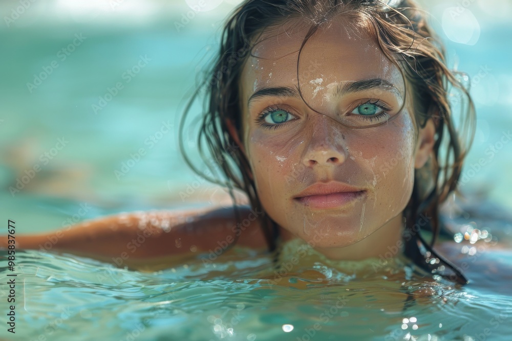 Beautiful young woman with wet hair swimming in the ocean Beautiful young woman with wet hair swimming in the ocean