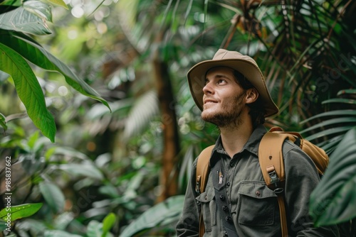 Fototapeta Naklejka Na Ścianę i Meble -  Young male explorer looking up in amazement in lush tropical jungle