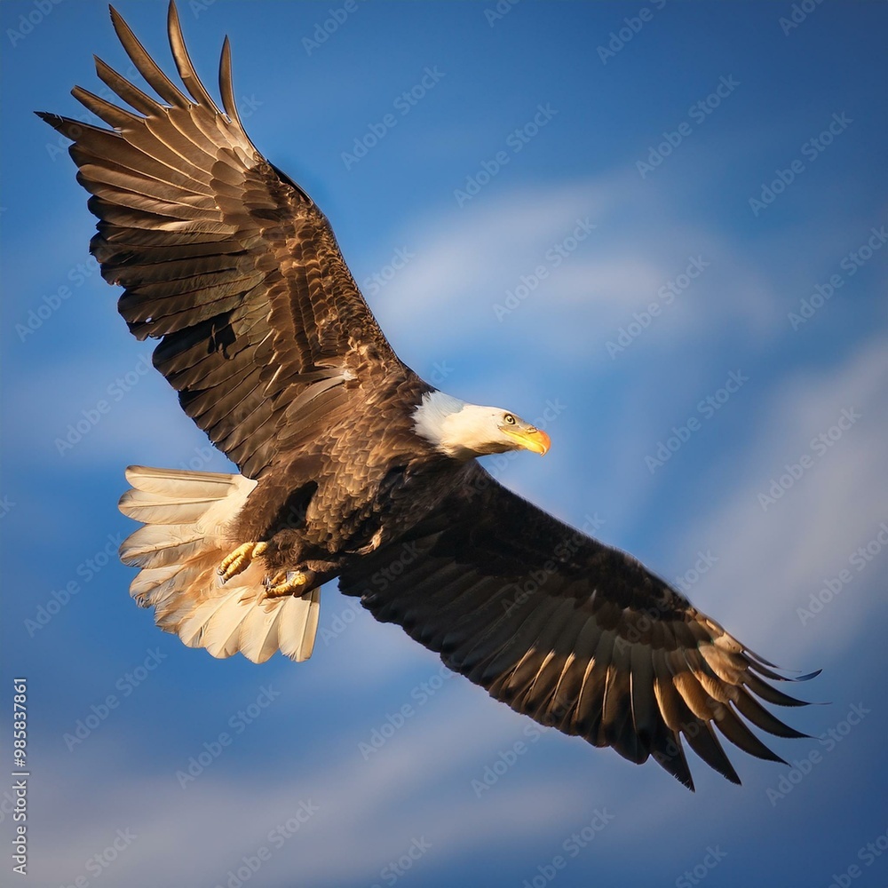 majestic bald eagle soaring through the bright blue sky, its impressive wingspan creating a powerful silhouette, perfect for wildlife photography majestic bald eagle soaring through the bright blue sky, its impressive wingspan creating a powerful silhouette, perfect for wildlife photography