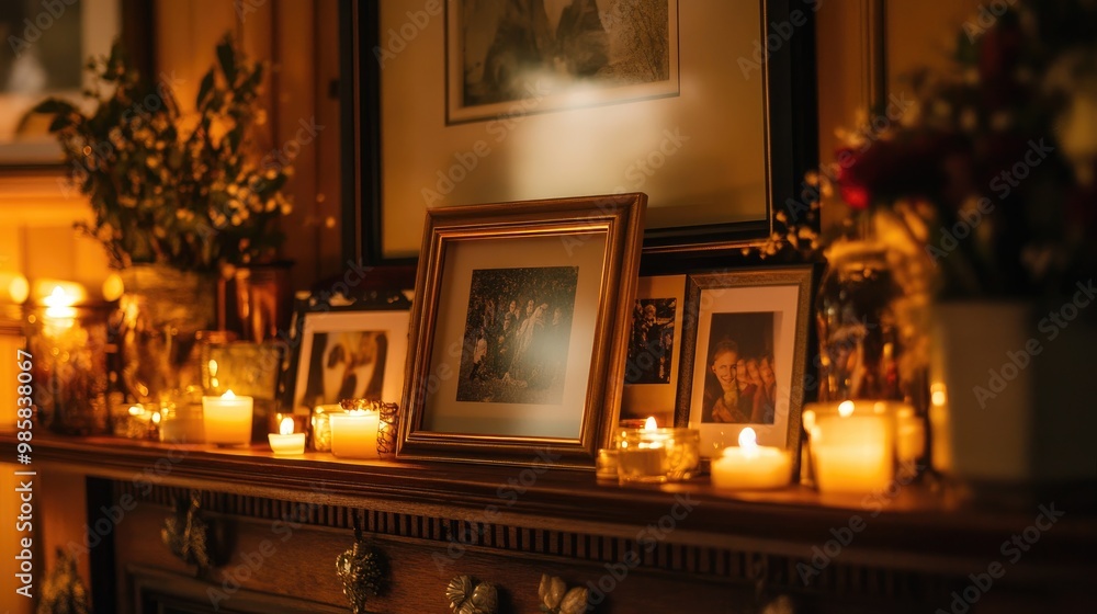Fireplace mantel decorated with candles and framed photos, with firelight glowing in the background. Fireplace mantel decorated with candles and framed photos, with firelight glowing in the background.
