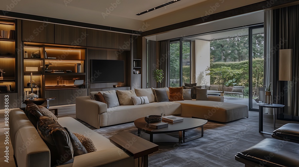 A modern living room with a large sectional sofa, a coffee table, and a TV. The room is decorated in a minimalist style with a neutral color palette. A modern living room with a large sectional sofa, a coffee table, and a TV. The room is decorated in a minimalist style with a neutral color palette.