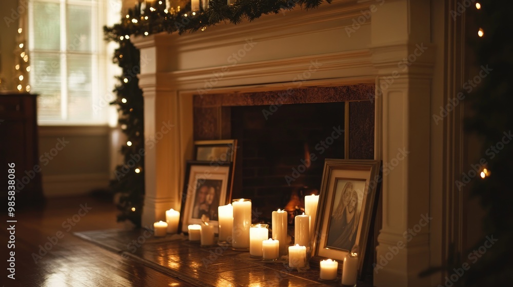 Fireplace mantel decorated with candles and framed photos, with firelight glowing in the background. Fireplace mantel decorated with candles and framed photos, with firelight glowing in the background.