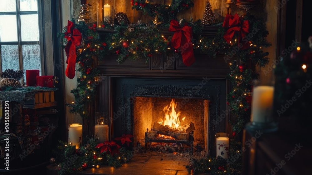 Fireplace with festive decorations and a warm fire glowing inside, creating a holiday atmosphere. Fireplace with festive decorations and a warm fire glowing inside, creating a holiday atmosphere.