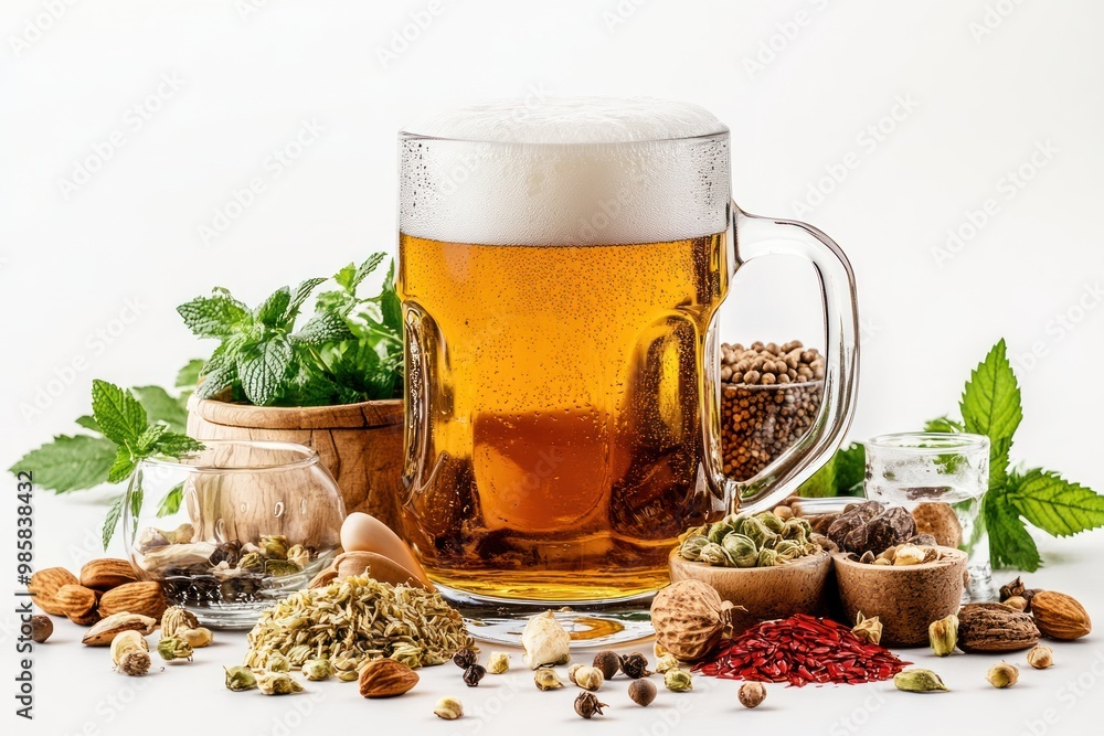 Fototapeta premium Beer with exotic ingredients on solid white background, single object