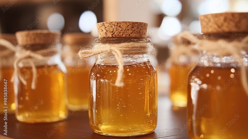 Glass jars filled with honey, sealed with cork lids, and tied with rustic string. Glass jars filled with honey, sealed with cork lids, and tied with rustic string.