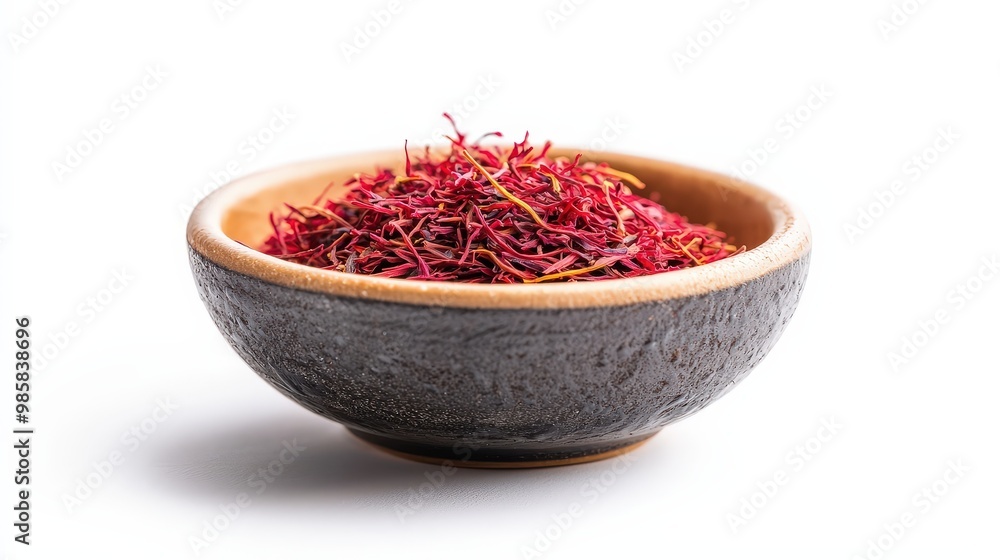 Saffron threads in a small dish, luxury spice concept, ultra-high detail, rich red hues, isolated on white background Saffron threads in a small dish, luxury spice concept, ultra-high detail, rich red hues, isolated on white background