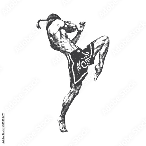 Muay Thai fighter in mid-air, executing a powerful high kick with their right leg. Retro photocopy effect