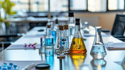 A meeting table filled with scientific tools and instruments, symbolizing the collaborative aspect of scientific research and its role in advancing knowledge.