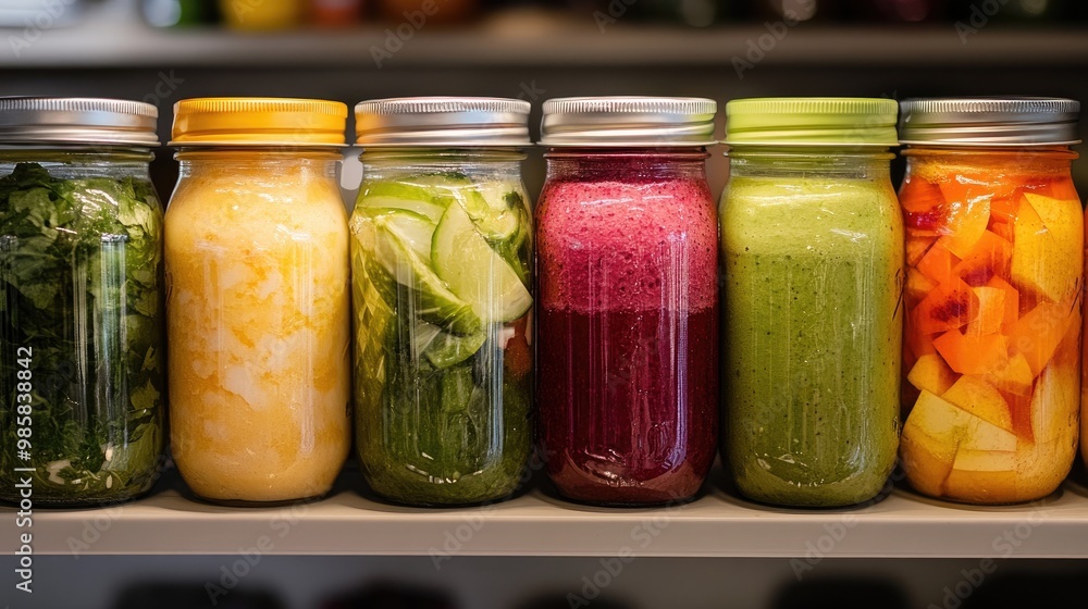 Jars filled with fresh smoothies, arranged neatly for a meal prep. Jars filled with fresh smoothies, arranged neatly for a meal prep.