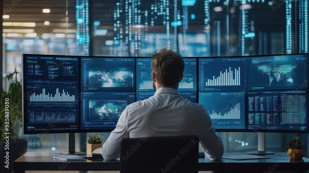 Business Intelligence Analyst working on multiple data dashboards on a large monitor in a modern office setting, surrounded by charts, graphs, and data visualizations Business Intelligence Analyst working on multiple data dashboards on a large monitor in a modern office setting, surrounded by charts, graphs, and data visualizations