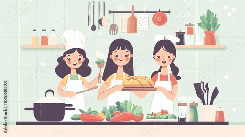 Three joyful women cooking together in a modern kitchen, showcasing teamwork and delicious food preparation.