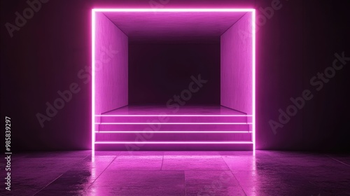 Neon-lit entrance with steps and a dark background.