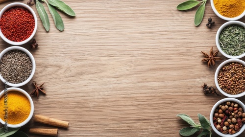 Wallpaper Mural Spices and herbs arranged in a circular mandala on a rustic table. Torontodigital.ca