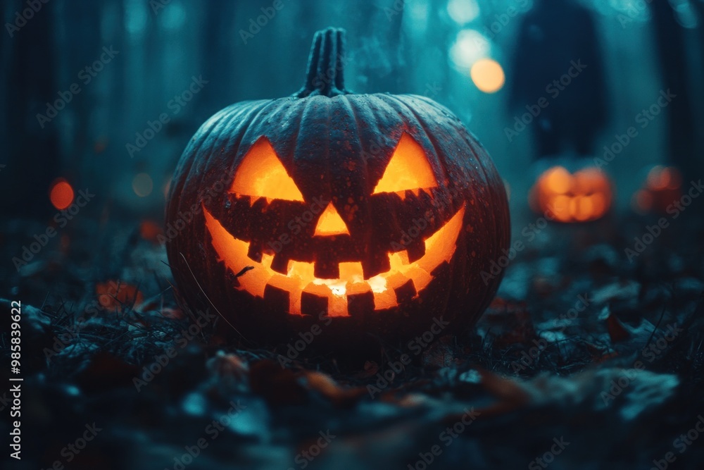 Halloween pumpkin glowing on the forest floor with figure in background Halloween pumpkin glowing on the forest floor with figure in background