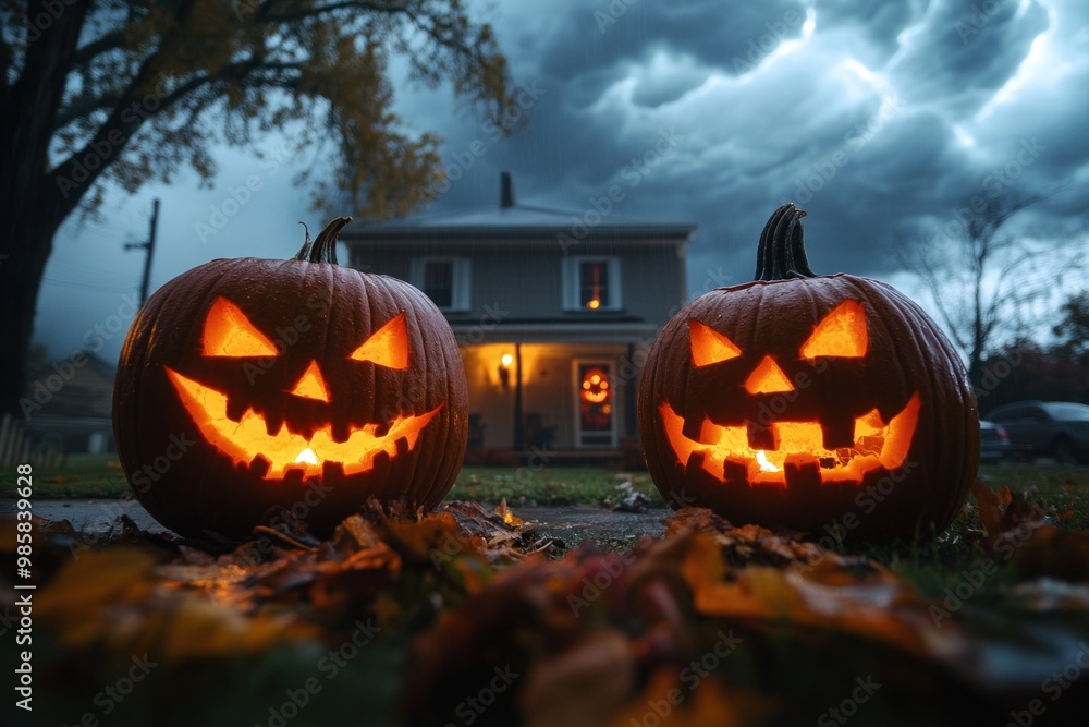 Two carved pumpkins illuminating the night with spooky house in background Two carved pumpkins illuminating the night with spooky house in background